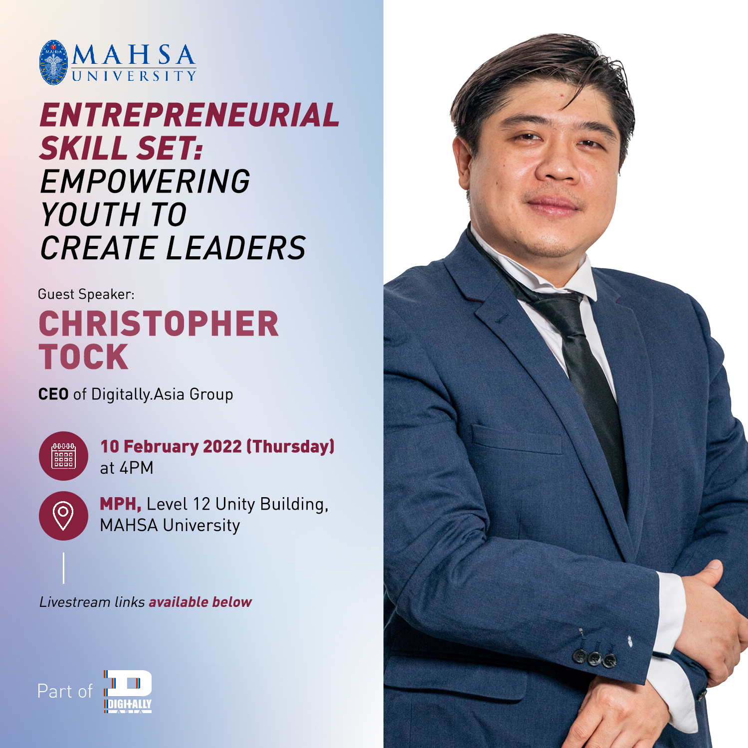 Christopher Tock Is Invited as Guest Speaker for MAHSA University’s Entrepreneurial Skill Set: Empowering Youth to Create Leaders
